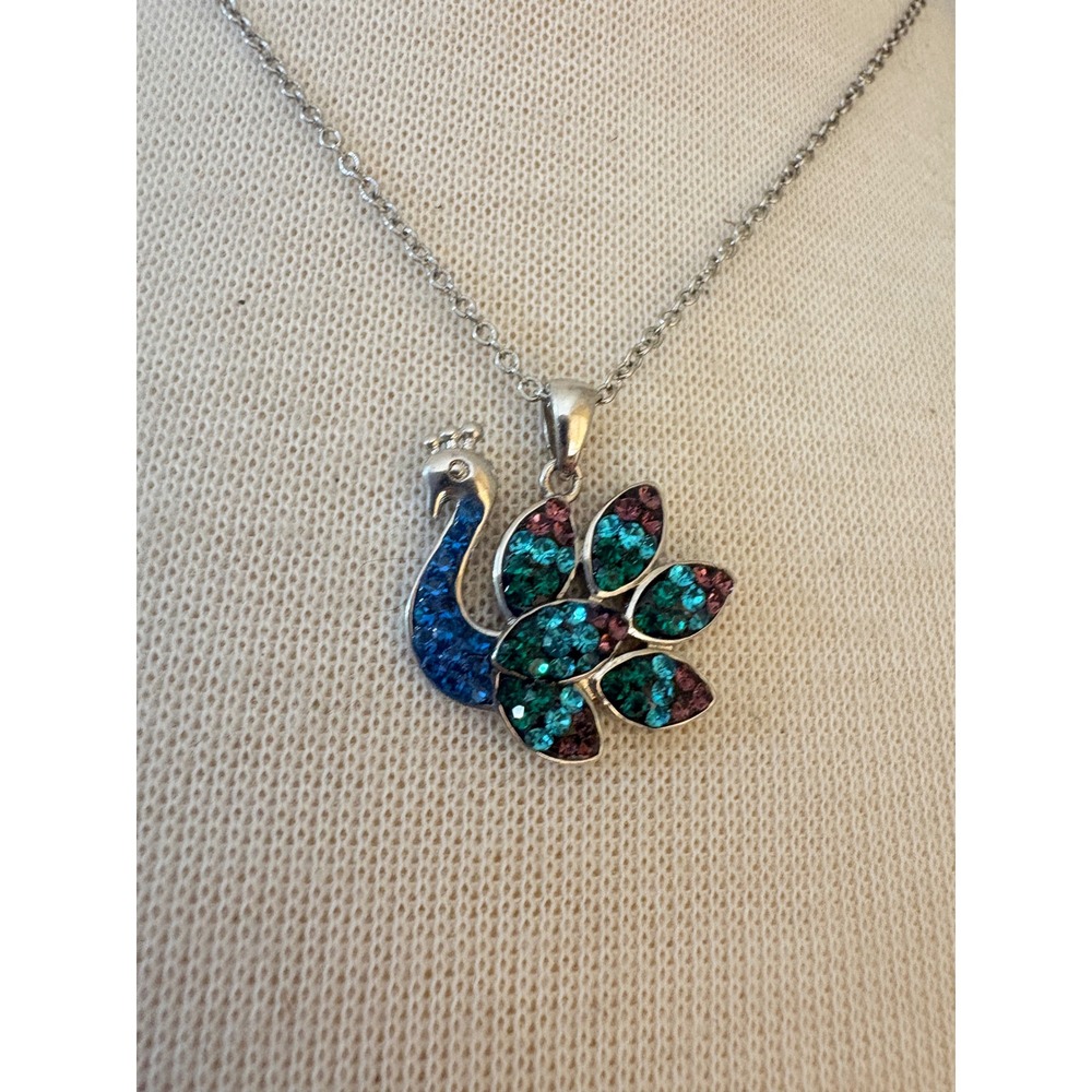 Silver Tone Peacock Pendant Necklace Multi Color Rhinestone Blue Teal Purple 18"